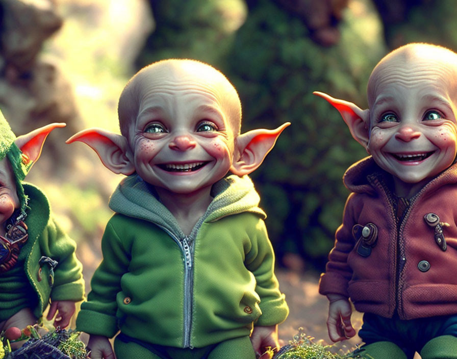 Three animated elves with large ears and mischievous smiles in a forest.