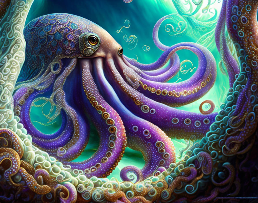 Colorful Stylized Octopus with Intricate Patterns on Swirling Aquatic Background