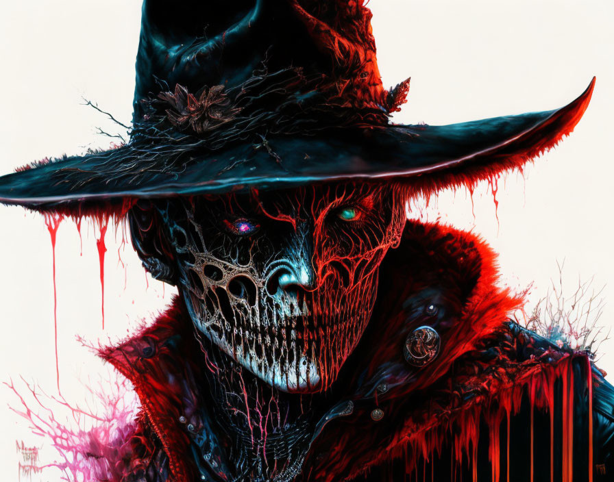 Skeletal figure with cowboy hat, glowing eyes, feather, crimson accents