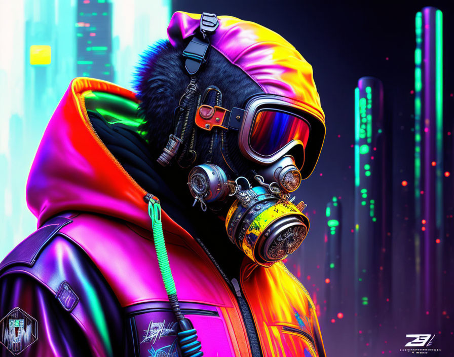 Colorful Jacket and Futuristic Gas Mask in Neon Cityscape