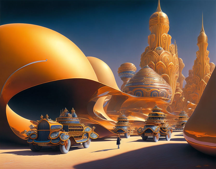 Surreal landscape with golden structures and lone figure under blue sky