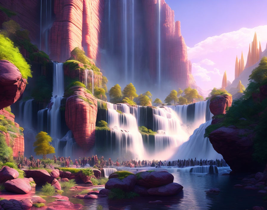 Majestic waterfalls in serene fantasy landscape