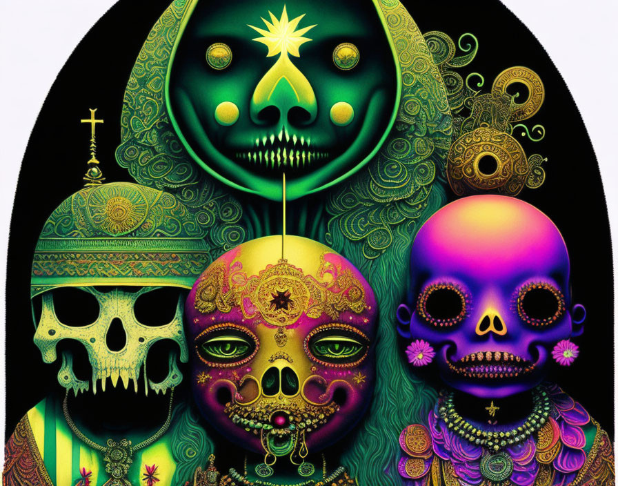 Colorful psychedelic artwork of ornate skulls with mystical symbols on a dark background.