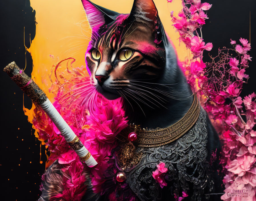 Majestic cat in armor with pink blossoms and quill