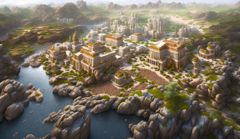 Majestic ancient city with classical buildings on rocky terrain