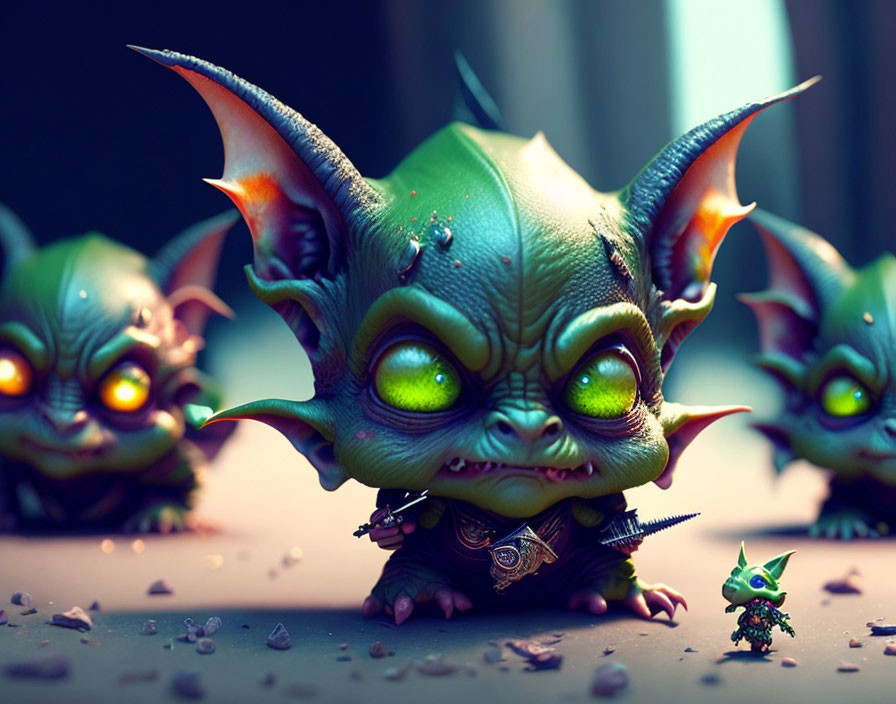 Group of stylized green creatures with large heads and glowing eyes