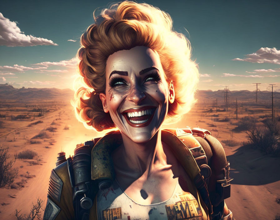 Animated Female Character with Backpack in Desert Sunset