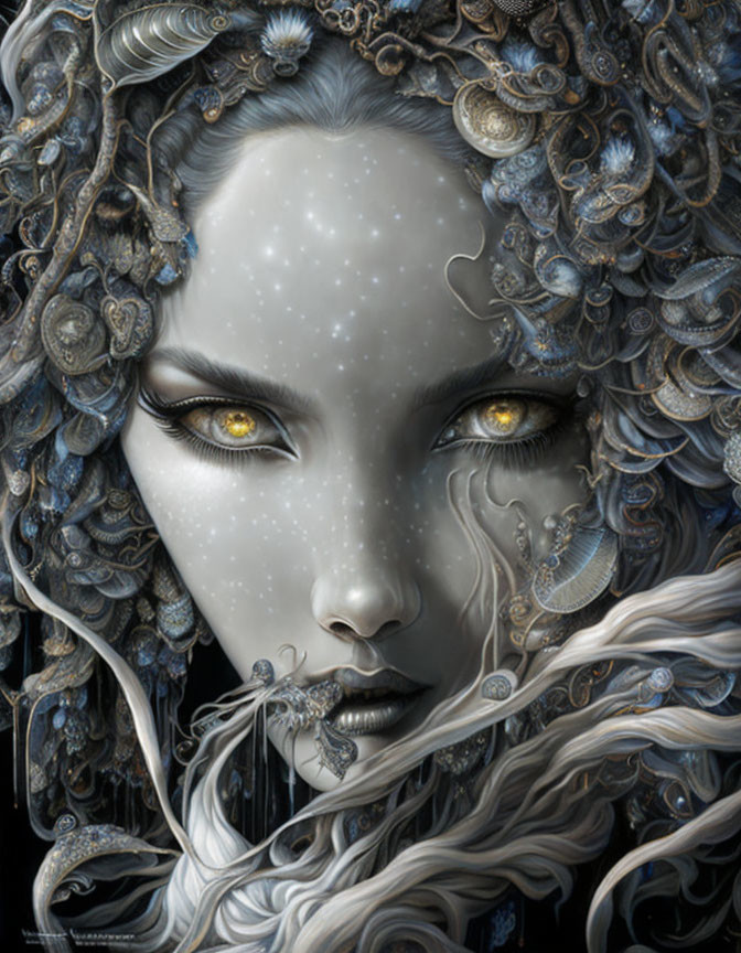 Portrait of woman with pale skin, galaxy freckles, golden eyes, and hair adorned with marine