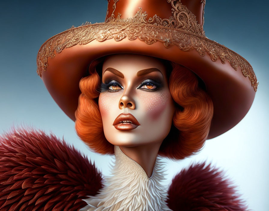 Digital artwork: Woman with striking makeup, large hat, fur-trimmed outfit on cool-toned