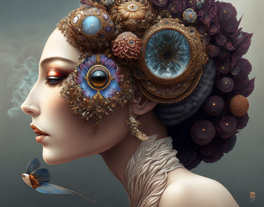 Surreal portrait featuring woman with golden headdress, peacock feather eye, fish, and smoke