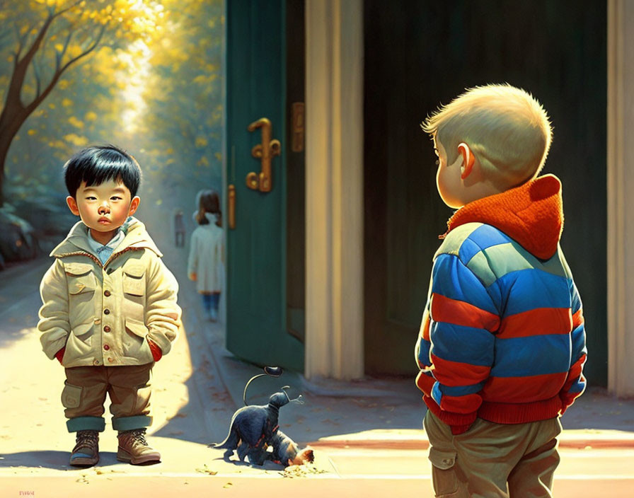 Two boys and a dog in sunlit alleyway with autumn trees.