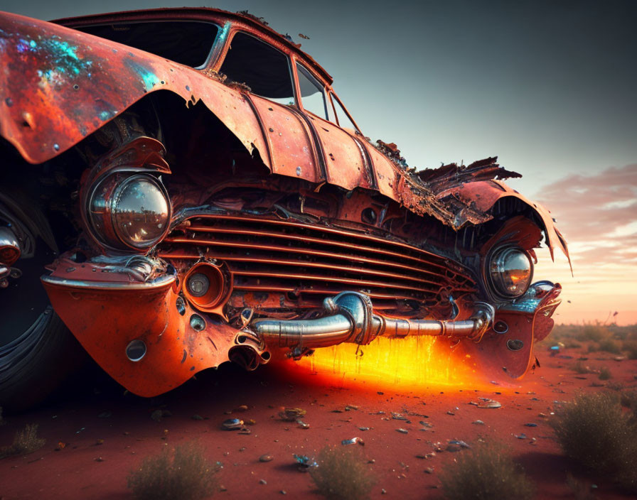 Abandoned vintage car in desert at sunset