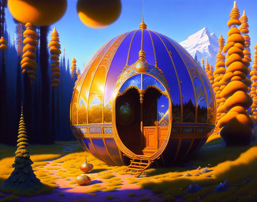 Elaborate egg-shaped structure with golden entrance in surreal landscape