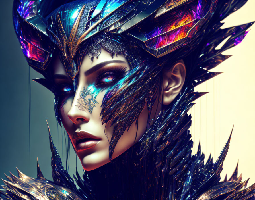 Digital artwork: Woman in intricate metallic armor with vibrant colors