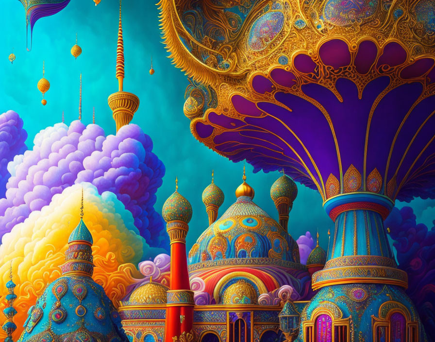 Fantastical cityscape with ornate domes and floating islands in vibrant colors