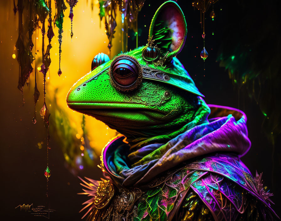 Colorful Steampunk Frog Artwork on Dark Background