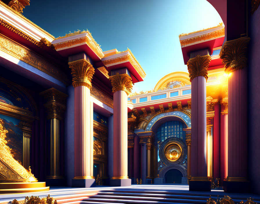 Luxurious Hall with Tall Columns and Gold Details