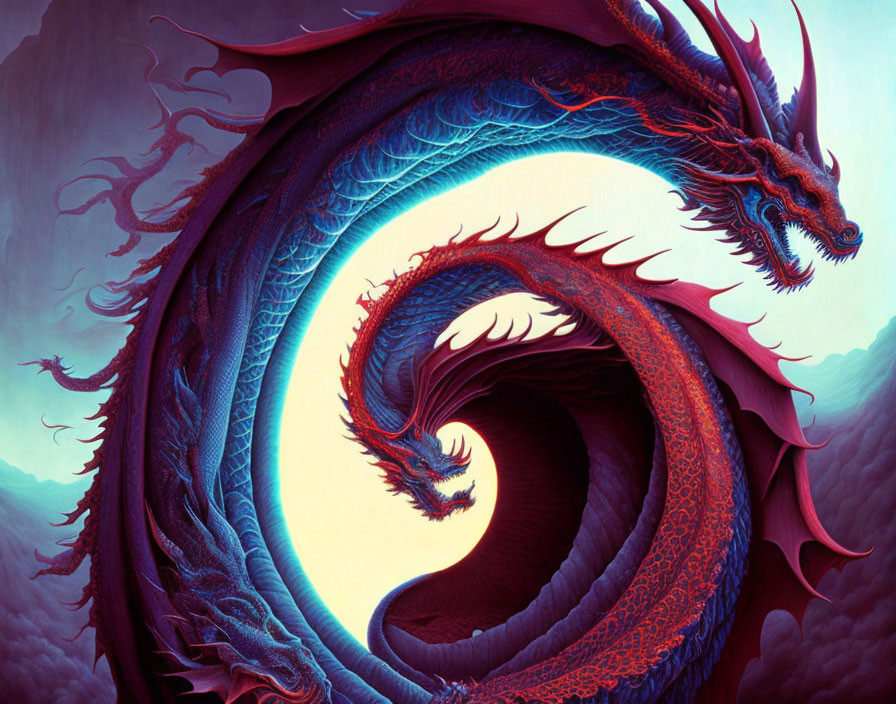 Colorful dragon illustration in circular shape against purple and pink sky