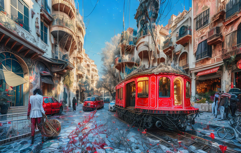 Vintage tram, pedestrians, and flowering trees on busy street