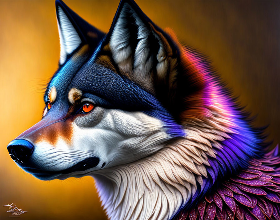 Colorful Wolf Digital Artwork with Intense Orange Eyes