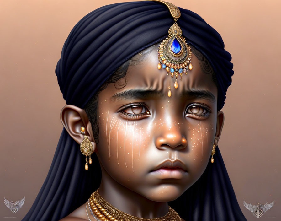 Young girl digital artwork: elaborate jewelry, blue gem headpiece, tear-stained cheeks, solemn expression