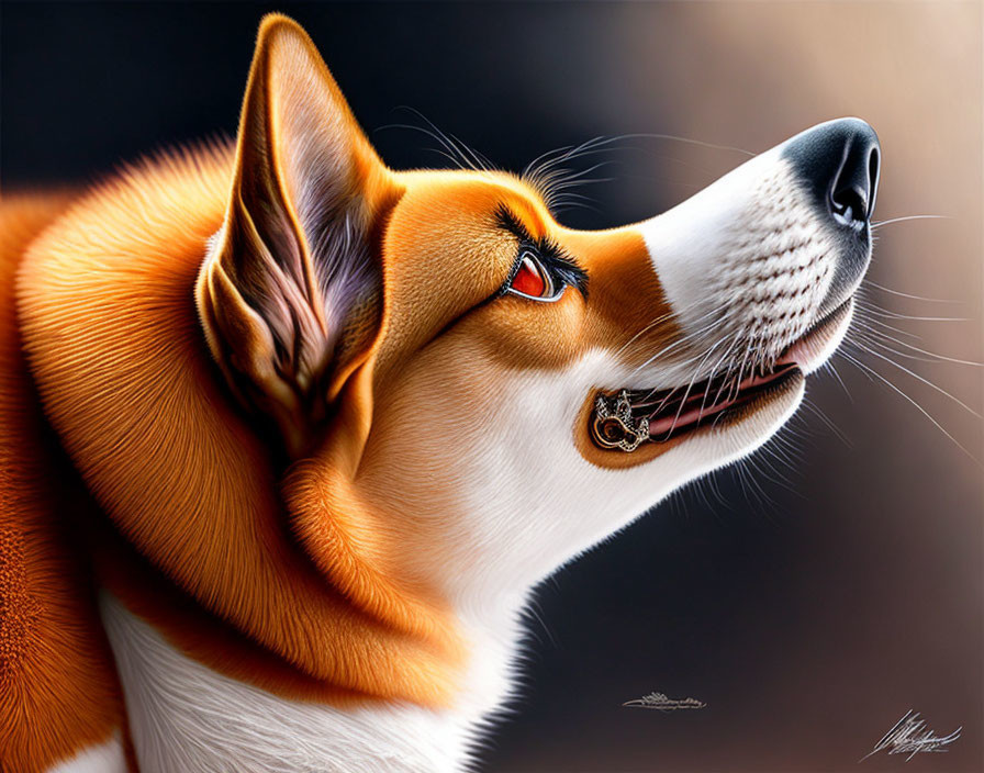 Detailed Corgi Illustration with Pronounced Snout and Piercing Eyes on Dark Background