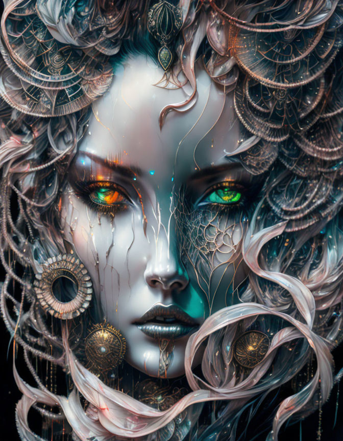 Fantastical portrait of female figure with metallic adornments in swirling hair against dreamlike background