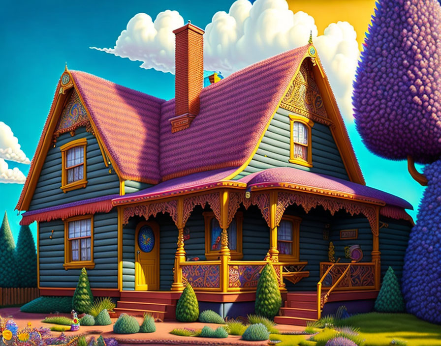 Vibrant blue wooden house with ornate purple detailing in whimsical illustration