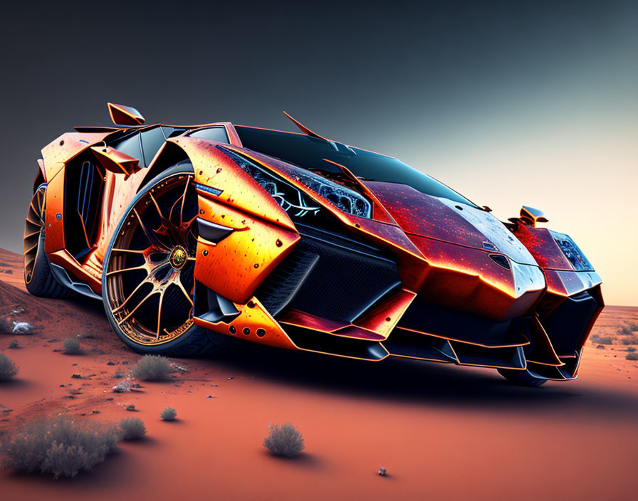 Futuristic Orange Sports Car in Desert Landscape