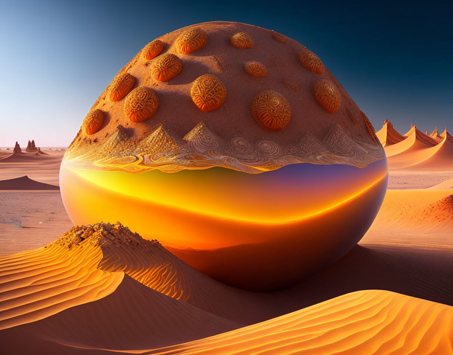 Large patterned orb on desert landscape with dunes under clear sky