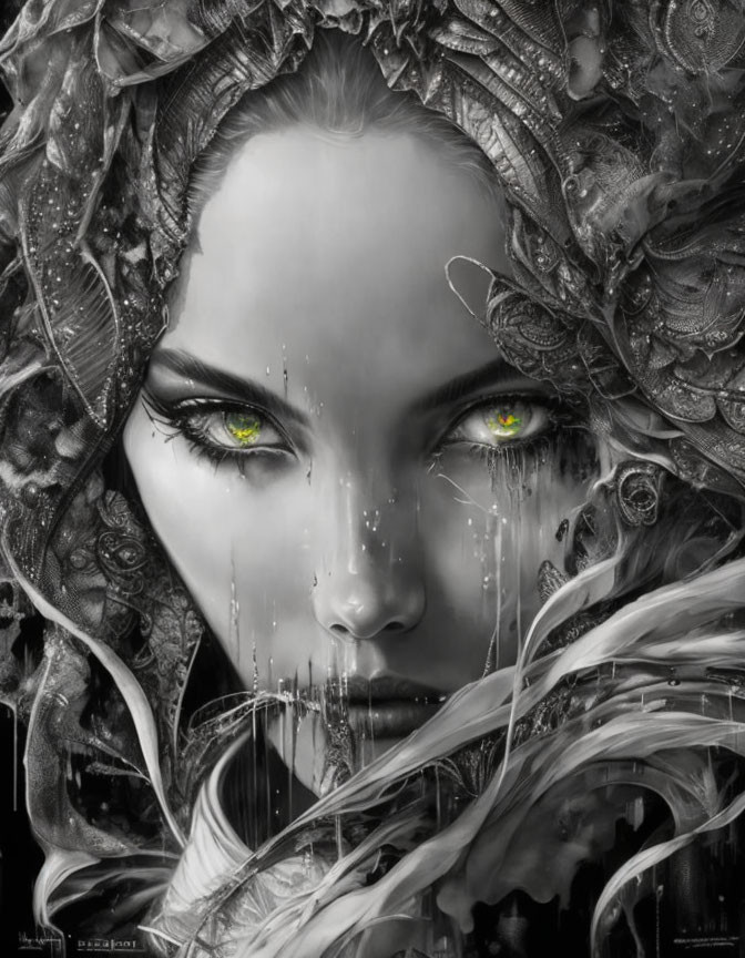 Monochromatic image of woman with green eyes, metallic adornments, white feathers, ink drips