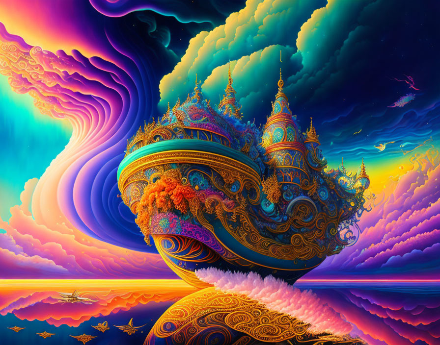 Colorful fantasy scene with floating ship-like structure in vibrant clouds