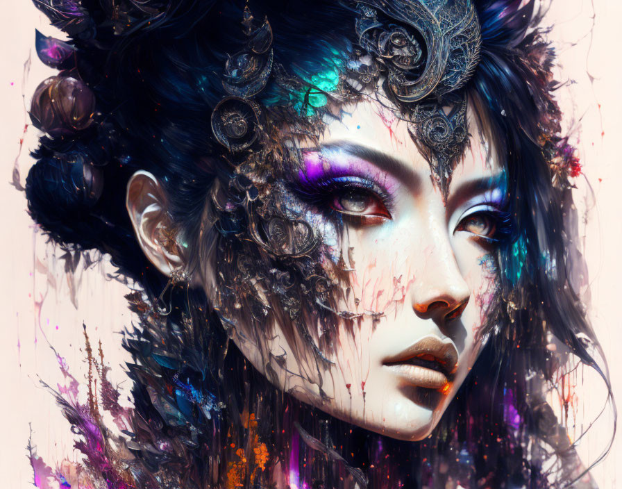 Fantasy makeup woman with ornate headpiece in vibrant digital art