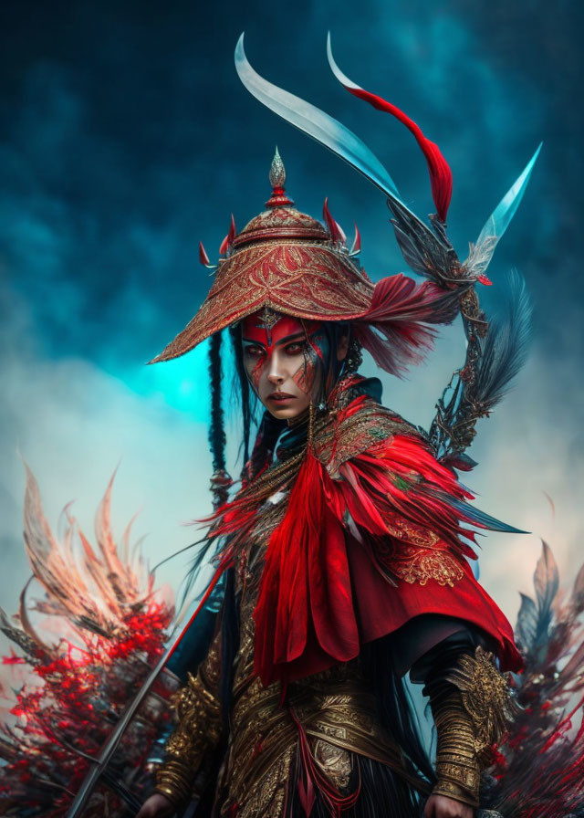 Elaborate Red and Gold Warrior Costume with Sword on Moody Sky Background