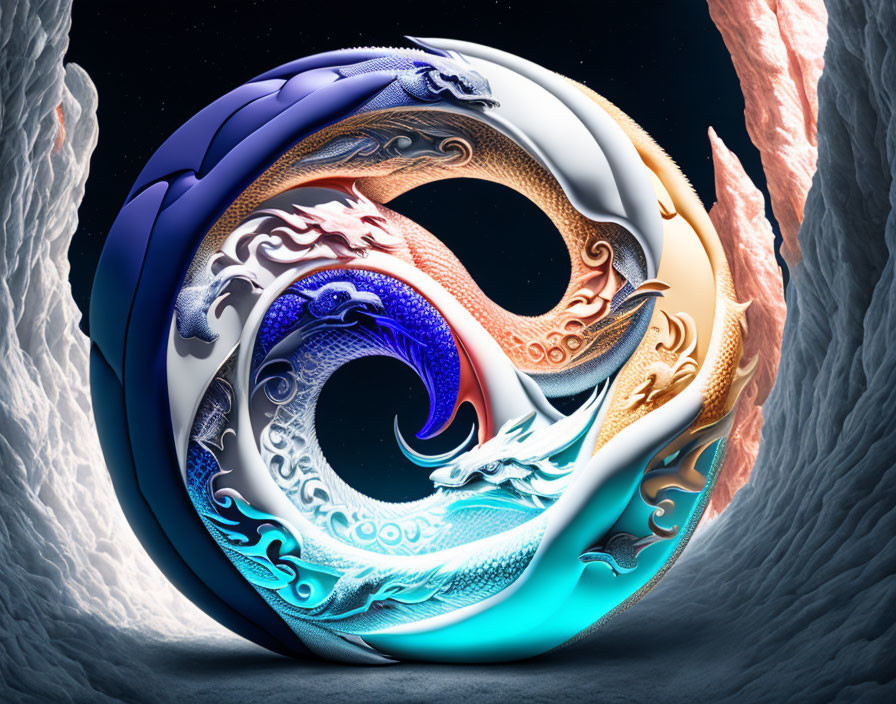 Digital Art: Intricate Yin-Yang Symbol with Dragon Motifs in Blues and Oranges on Ice