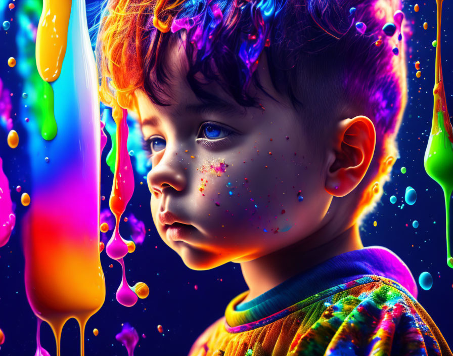 Vibrant paint drips surround young child in colorful image