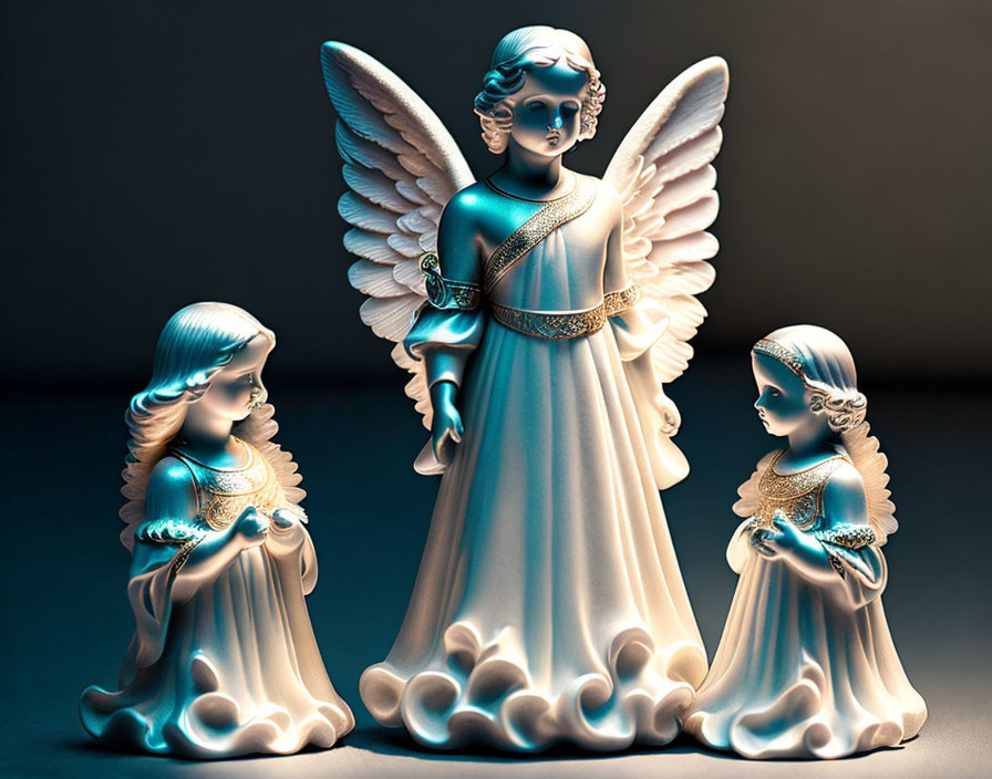 Porcelain angel figurines with blue gowns and prominent wings on dark surface