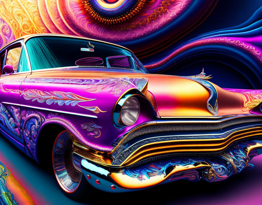 Colorful Psychedelic Classic Car Artwork on Abstract Background