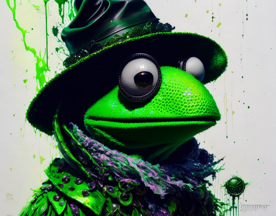 Colorful Kermit the Frog in green attire with paint splatter background