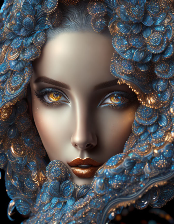 Digital artwork: Woman with metallic skin, gold-lipped, and yellow eyes in blue floral setting