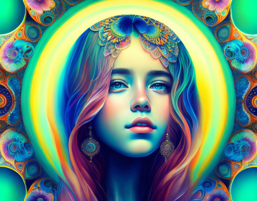 Colorful digital portrait of woman with blue eyes and psychedelic peacock feather patterns.