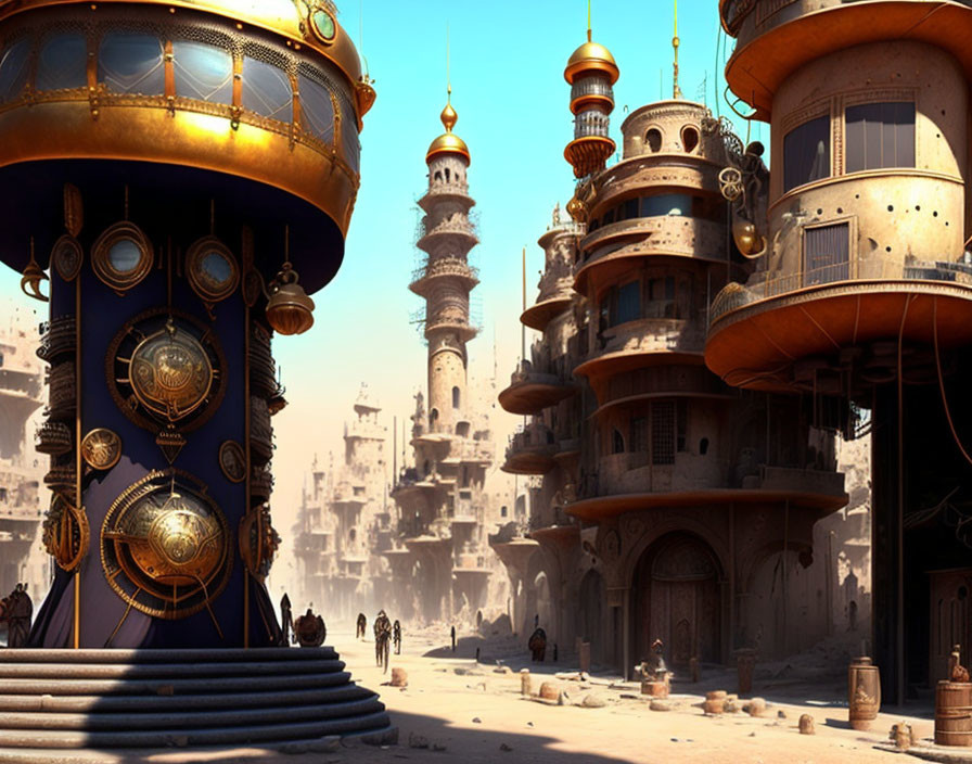 Fantastical cityscape with towering spires and steampunk-inspired buildings