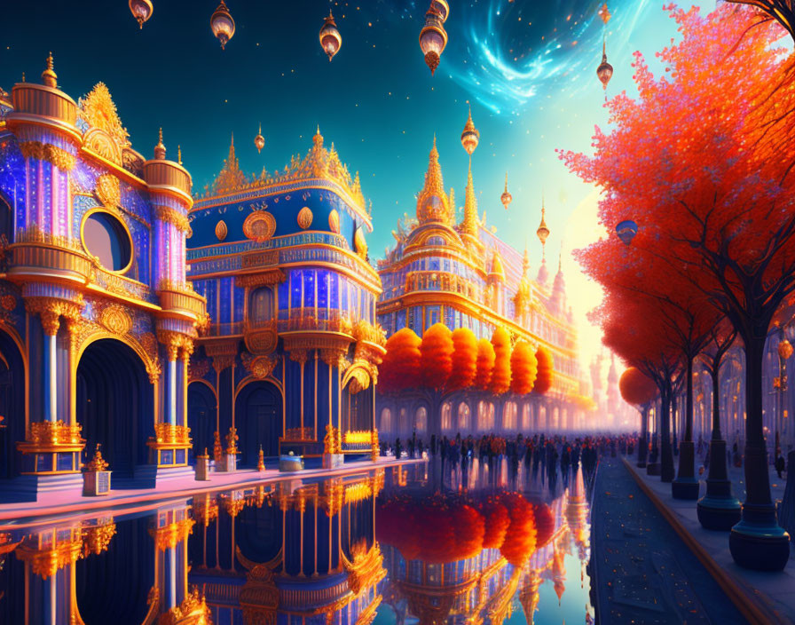 Vibrant cityscape with golden-domed buildings and starry sky reflected in waterway