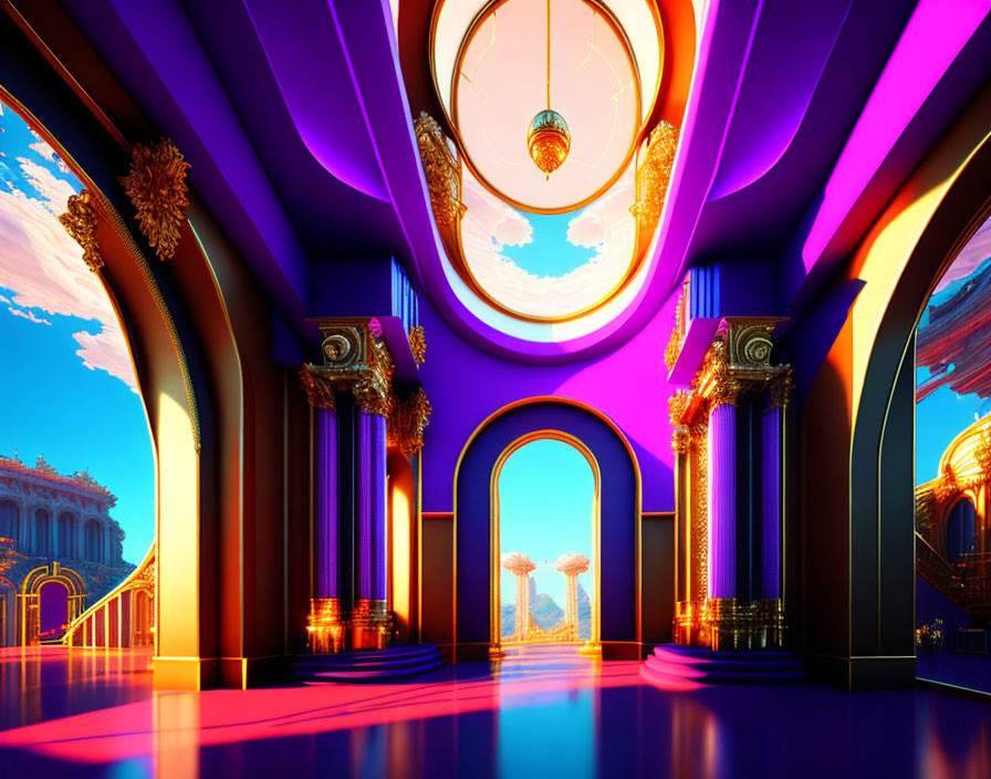 Futuristic hallway with vibrant colors, arched doors, golden decorations, palm trees at sunset.