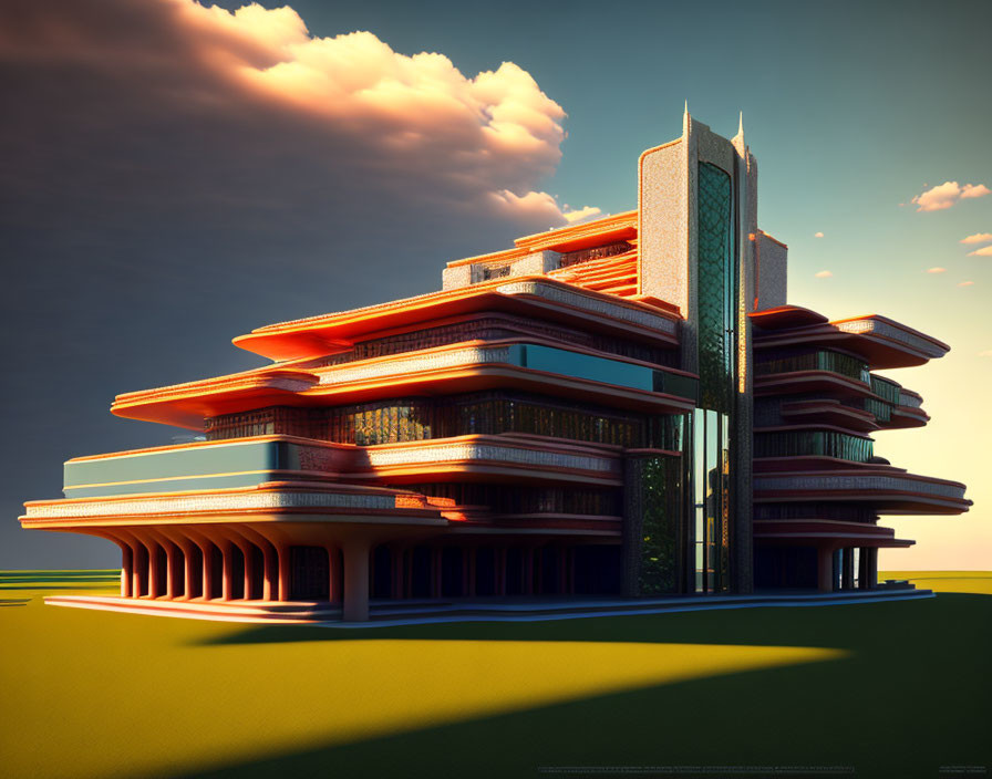 Futuristic multi-story building with terraced design in orange hues against clear sky with fluffy clouds during