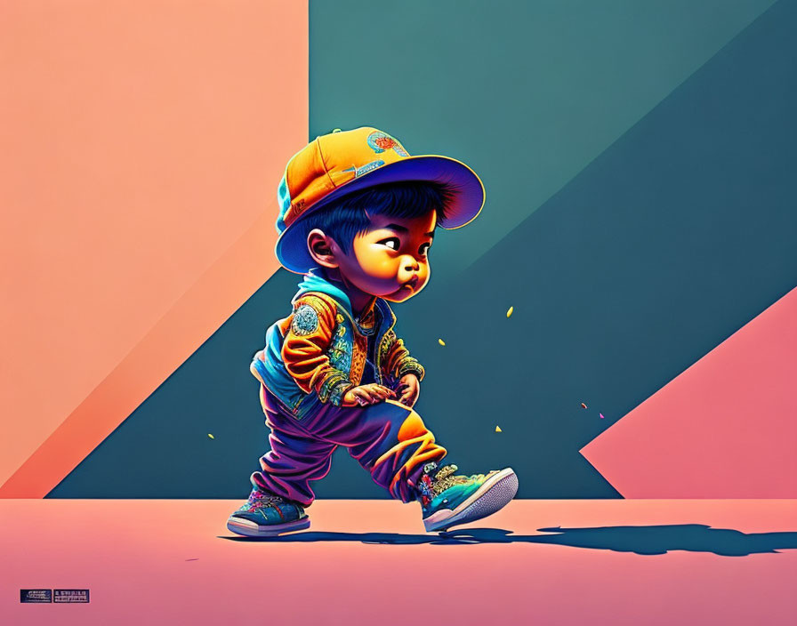 Colorful Child Character in Cap Squatting on Pink and Teal Background