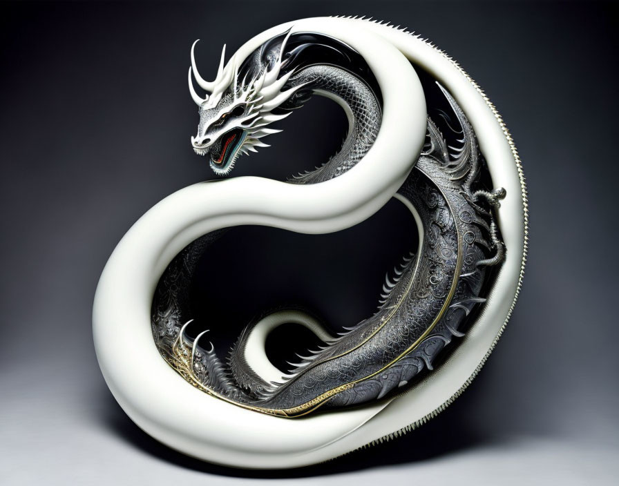 Silver and Dark 3D Ouroboros Dragon Loop on Gray Background