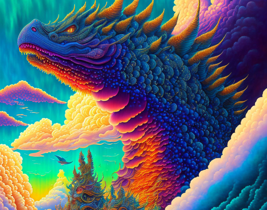 Colorful Stylized Dragon in Vibrant Clouds & Rainbow Landscape