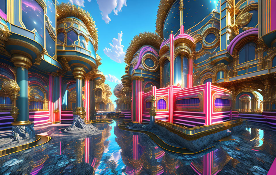 Futuristic palace with golden ornate architecture and neon lighting