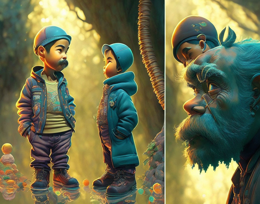 Stylized children in fantasy forest with gentle troll-like creature